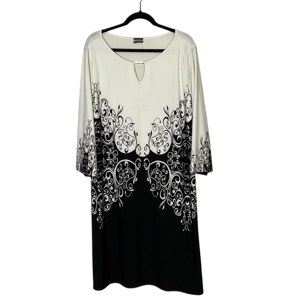 Haani‎ Women Black White Scroll Print Keyhole 3/4 Sleeve Dress Style 53026